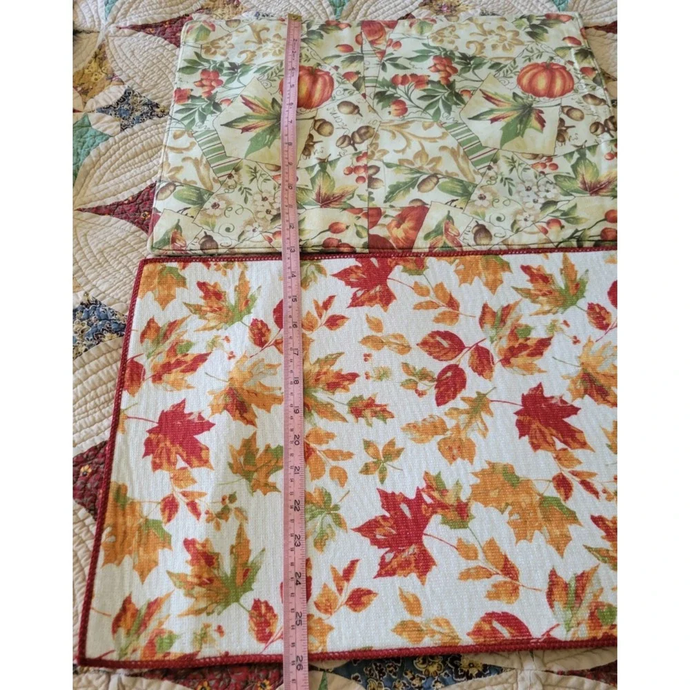 Fall Harvest Pumpkin Placemats Set of 8 pc Reversible Leaf Red Orange Cream